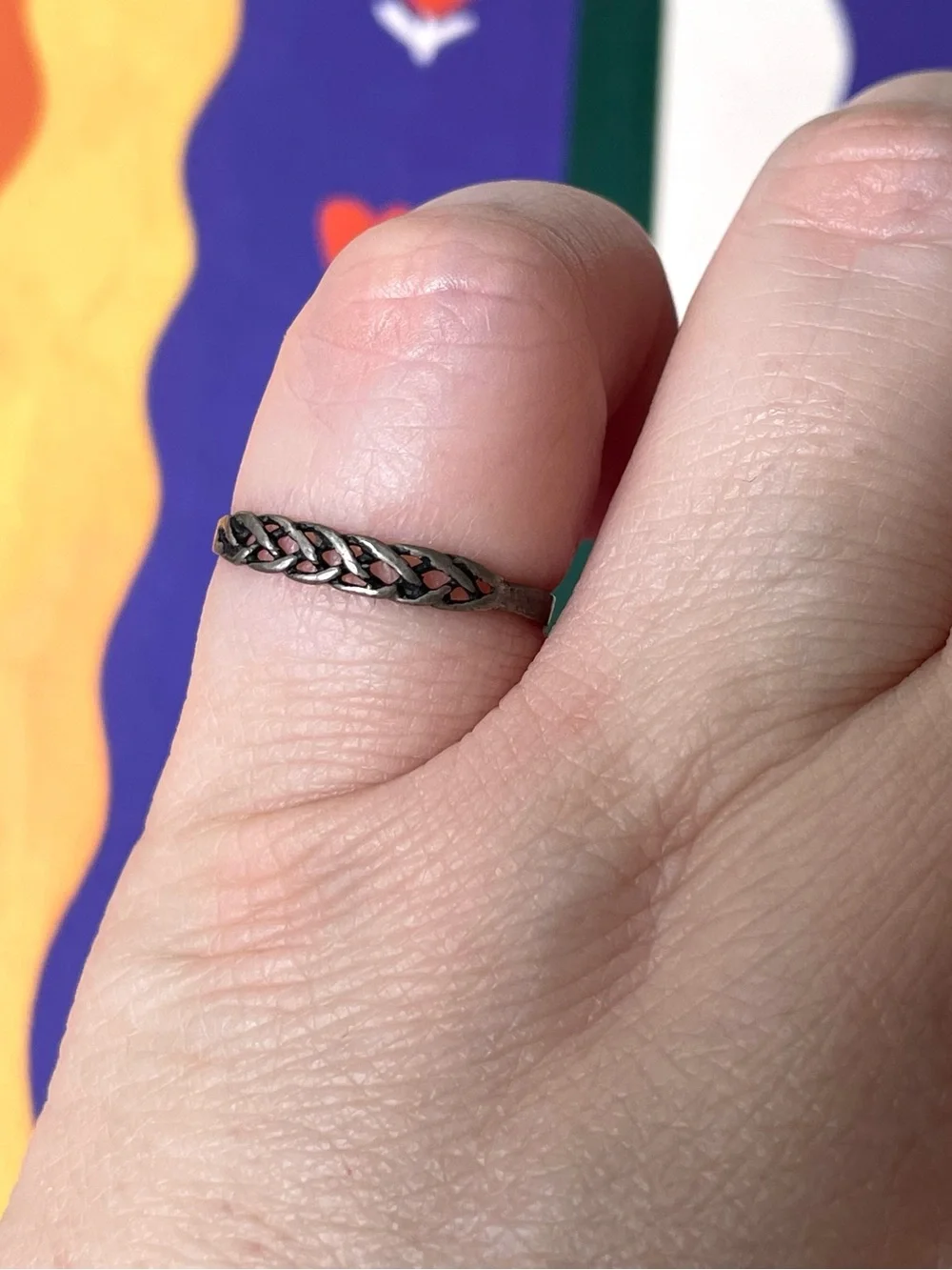 Vintage/antique dainty stamped 800 silver chain twist ring sz 6.5-6.75